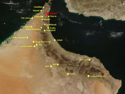 Mappa del nord-est della Penisola Arabica con la localizzazione di Daba e dei principali siti dell’Età del Ferro - Map of north-eastern Arabian Peninsula with location of Daba complex and main Iron Age sites.